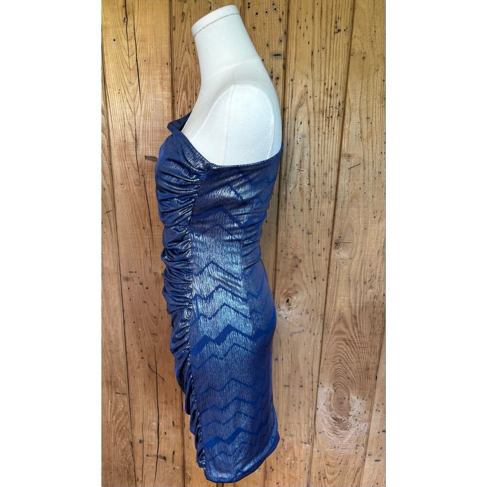 Studio Small Blue Silver Metallic One Shoulder Ruched Cocktail Dress NWT - Picture 3 of 11